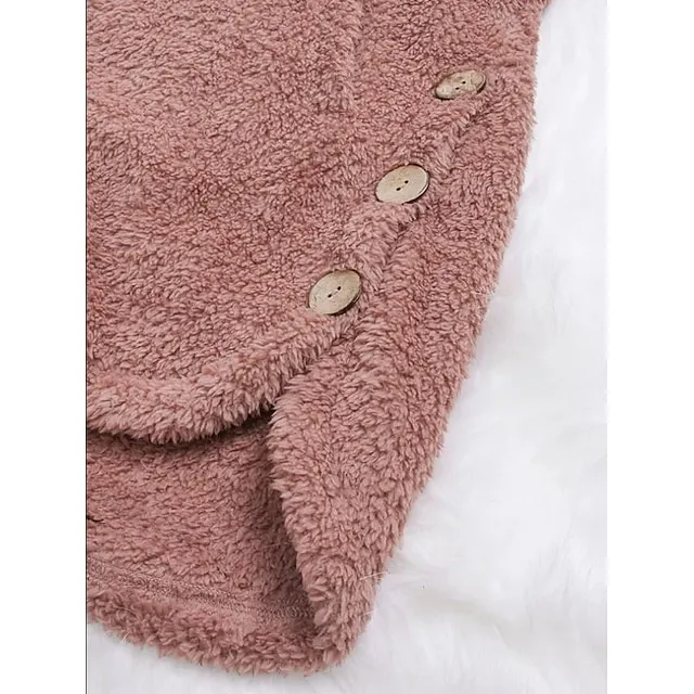 Women's Fleece Jacket Fleece Sports Pullover Sherpa Fleece Button Front Pocket claret turmeric Black Solid Color Street Casual Hoodie Plus Size Long Sleeve Top Fleece lined Micro-elastic Fall & Winter