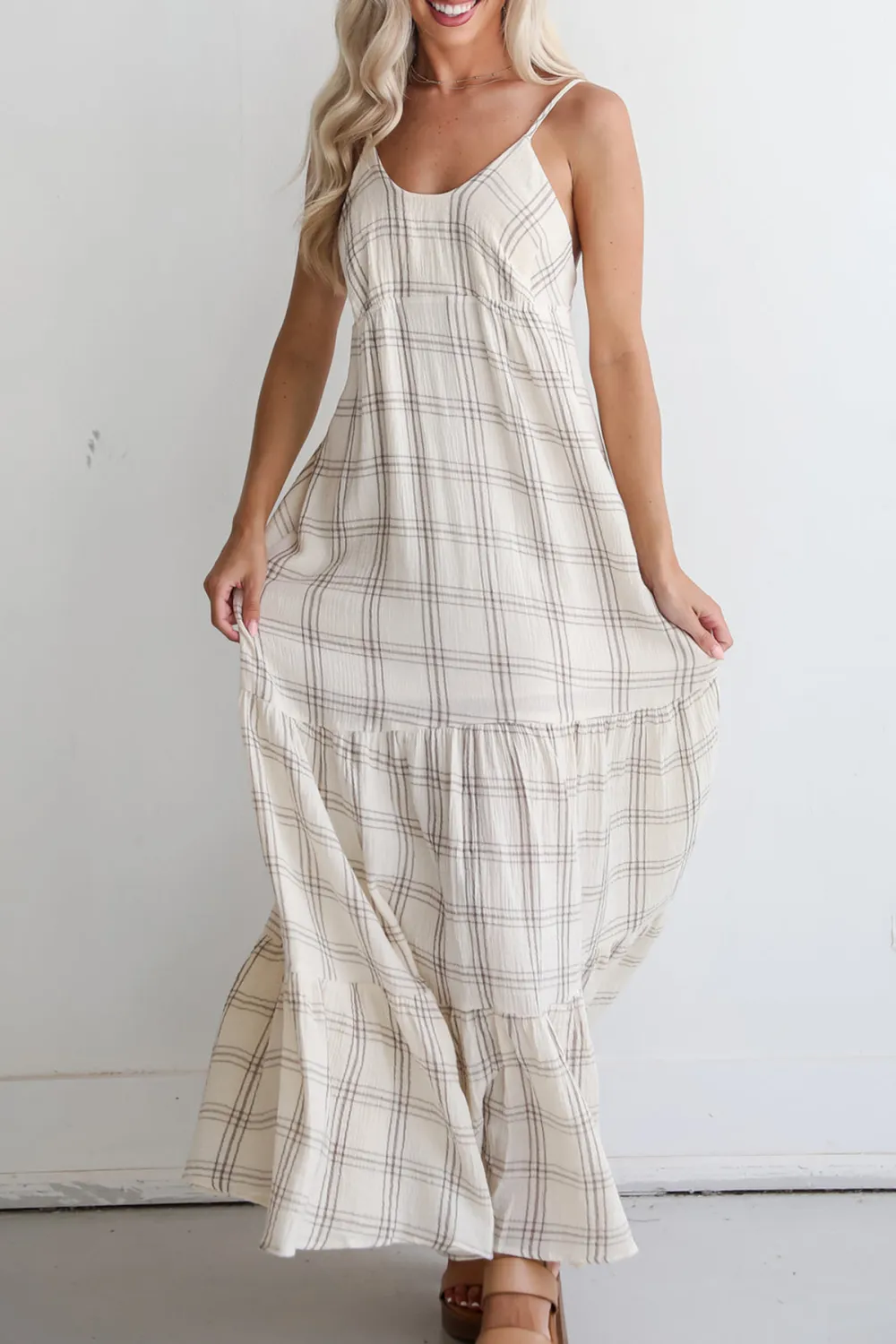 Playful Vibes Grey Plaid Linen Maxi Dress