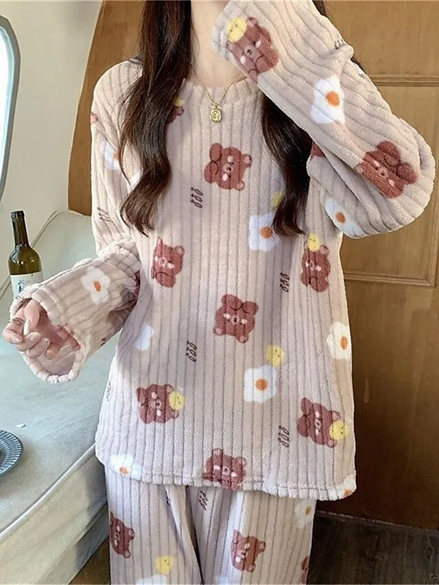 Women‘s Fleece Pajamas Sets Fluffy Fuzzy Warm Pajama Fruit Bear Plush Casual Comfort Home Daily Bed Coral Fleece Coral Velvet Warm Crew Neck Long Sleeve Pant Fall Winter Black bow Peach Pink