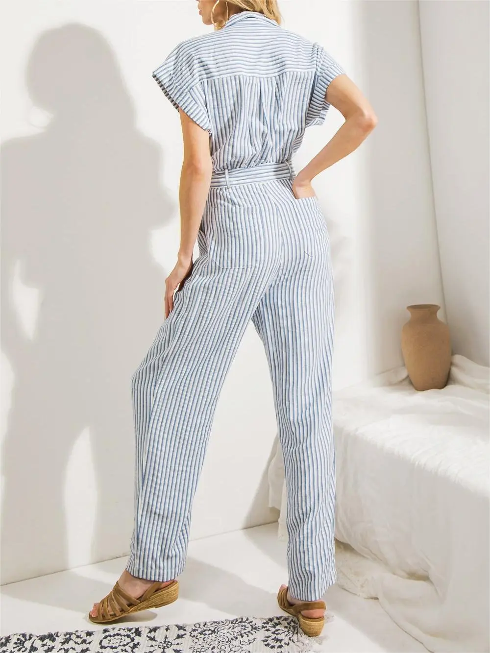 Blue and White Striped Belted Jumpsuit