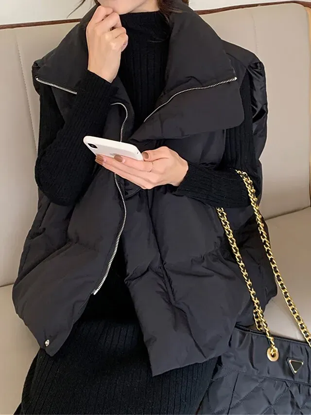 Women's Puffer Vest Long Sleeveless Parka Warm Heated Quilted Gilet Winter Coat Zipper Stand Collar Jacket with Pocket Outerwear Black White S M L XL