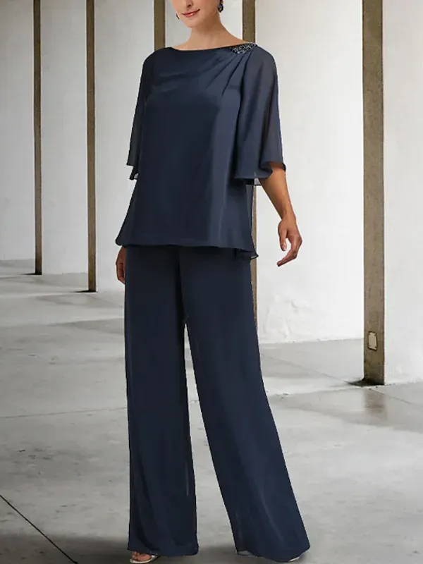 Round Neck Solid Color Top And Trousers Two-piece Suit
