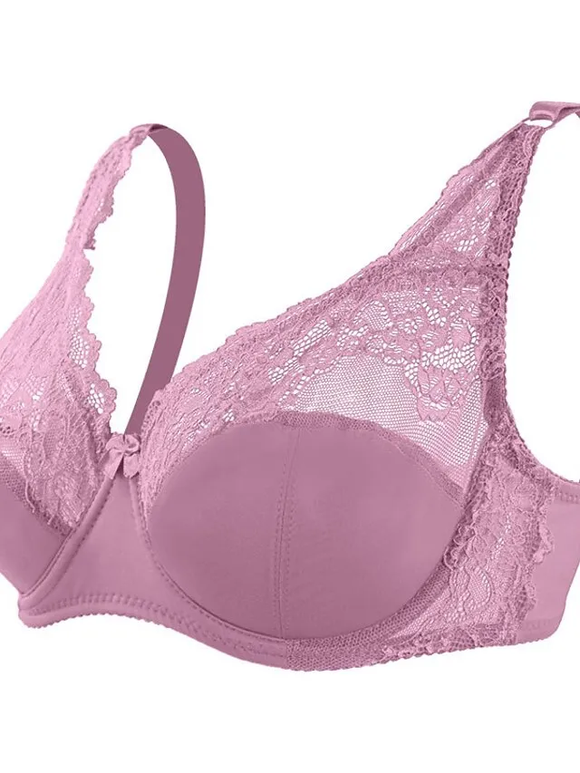 Women's Curve Plus Size Solid Color Pure Color Flower / Floral Lace Lingerie Sexy V Neck Winter Fall Sheer Bras 3/4 Cup Black Dusty Rose Red Big Size 85/38C 90/40C 95/42C 100/44C