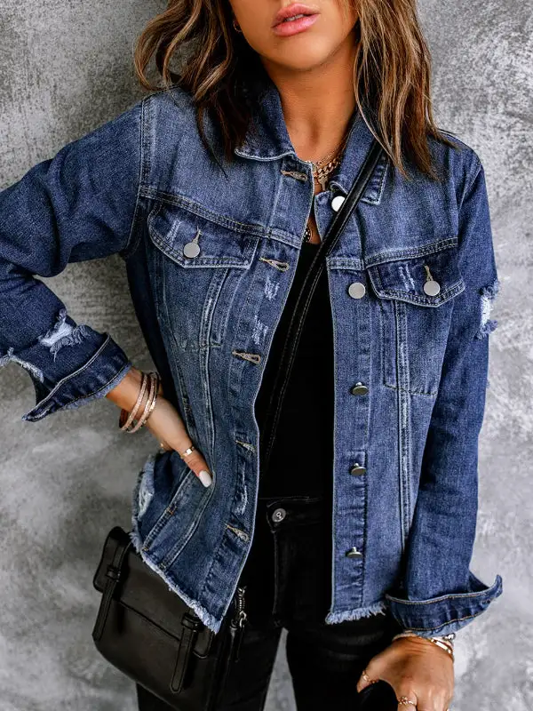 Lapel Distressed Raw Hem Buttons Denim Jacket