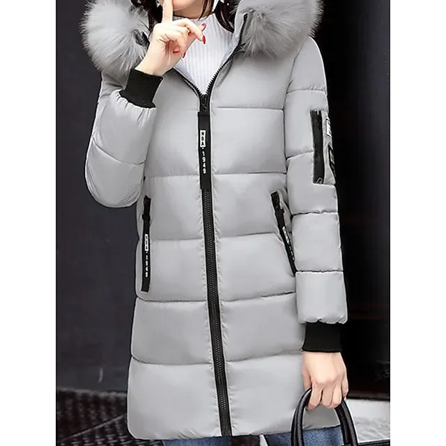 Women's Parka Long Puffer Jacket Windproof Thermal Warm Heated Coat with Pockets Winter Coat with Fur Collar Hood Long Sleeve Full Zip Black White Pink