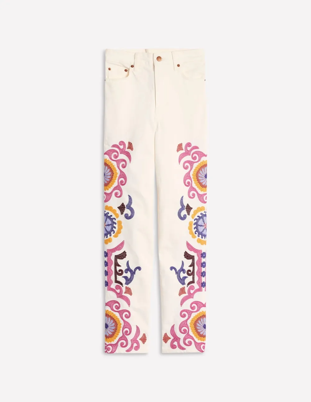 White Embroidered - Detail Wide - Leg Jeans