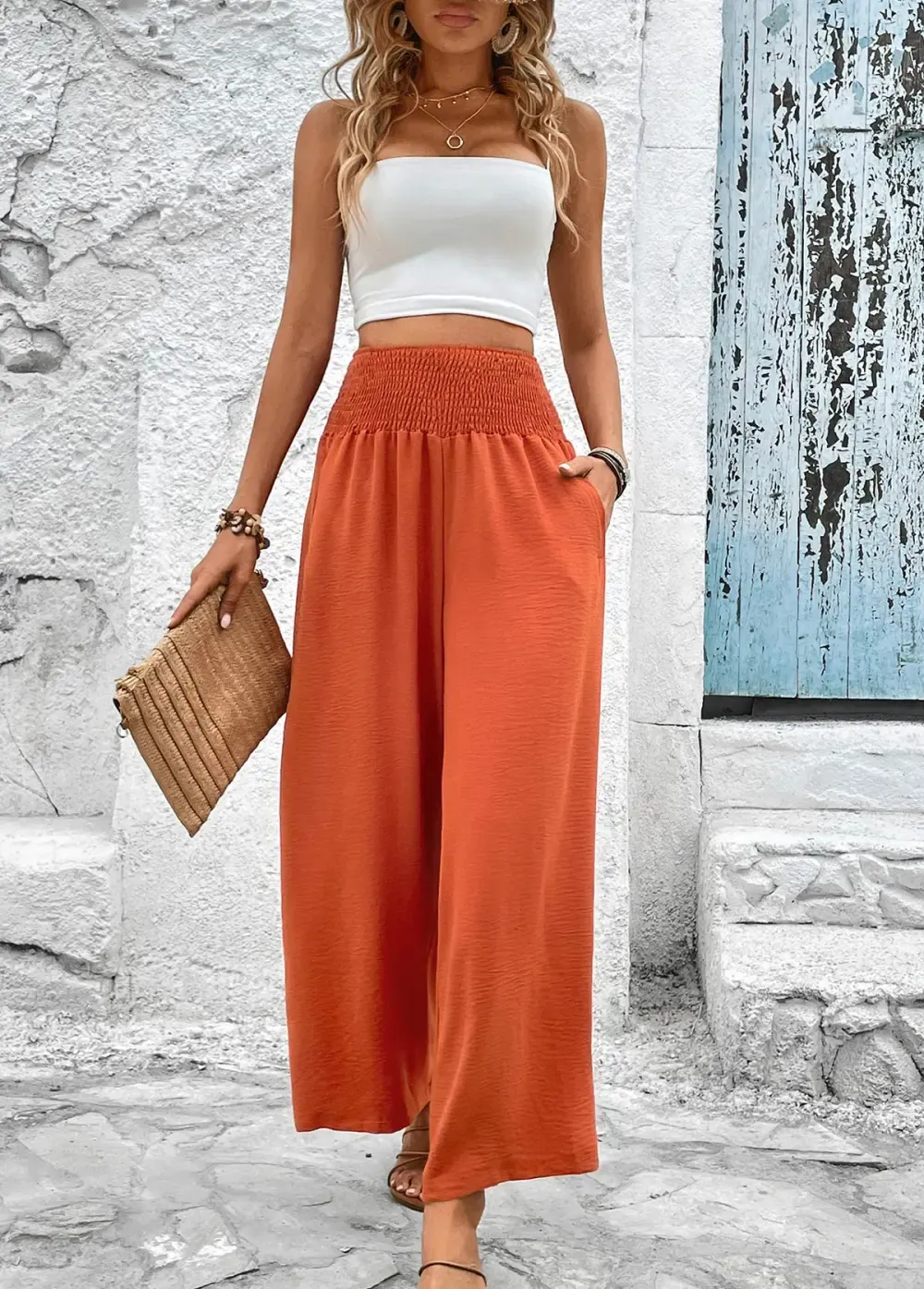 Brick Red Smocked Elastic Waist High Waisted Pants