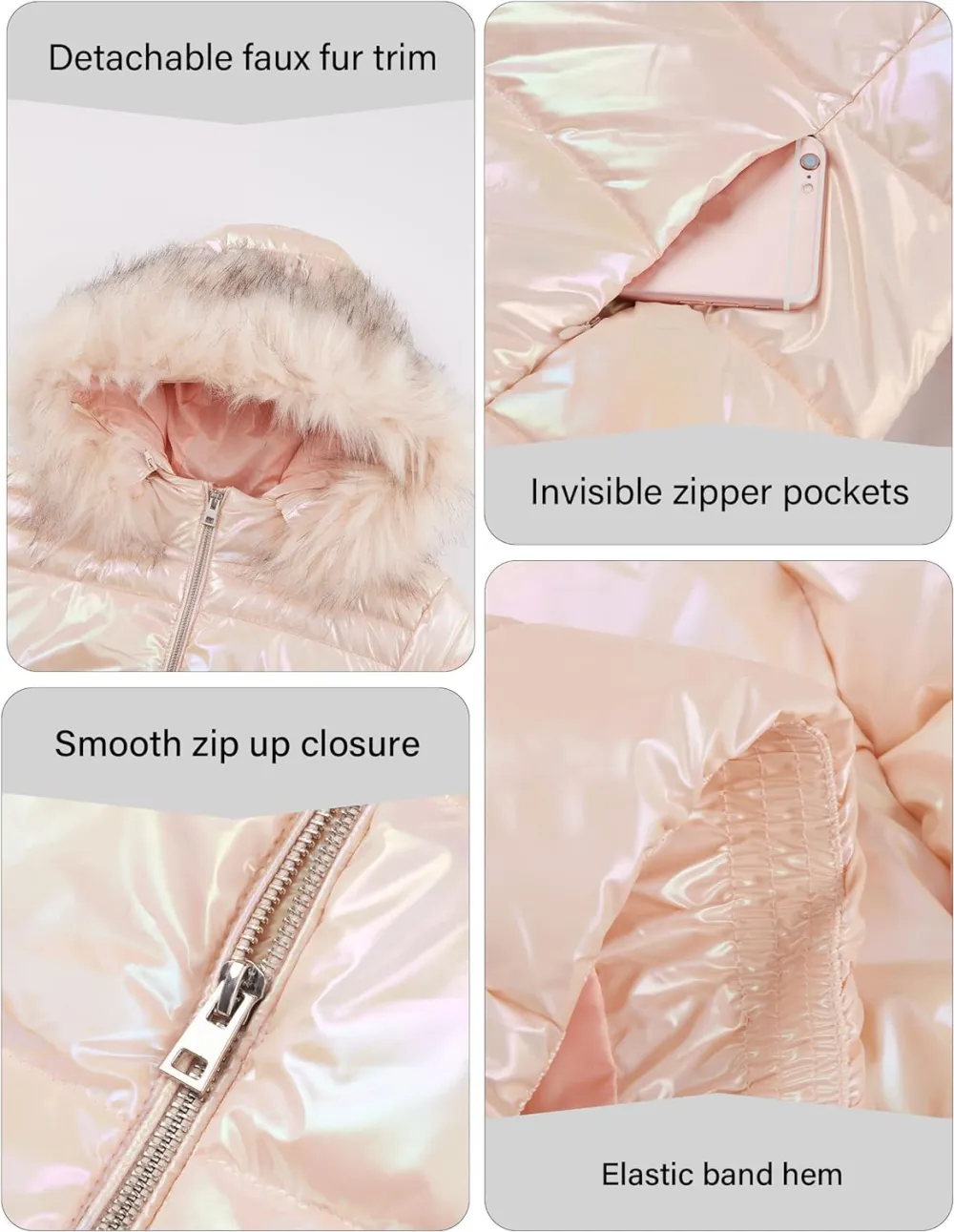 Womens Lightweight Puffer Jacket, Winter Coats for Women Warm Quilted Bubble Padded Hood Coat with Faux Fur Collar