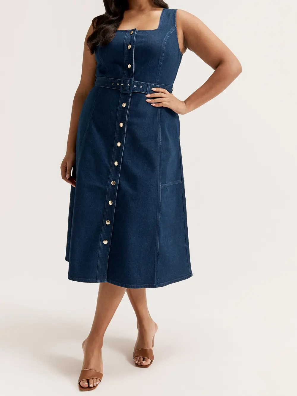 Square Neck Denim Midi Dresses