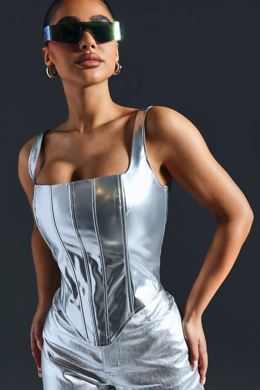She's Iconic Metallic Corset Top - Silver