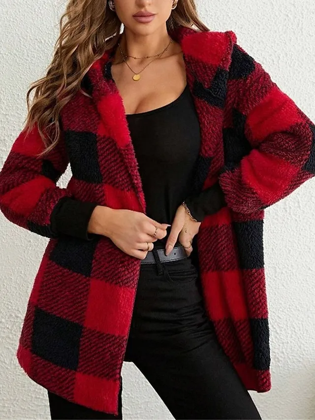 Women's Fleece Jacket Teddy Coat Hoodie Jacket Warm Breathable Street Daily Wear Vacation Going out Pocket Fleece Lined Open Front Hoodie Casual Street Style Stripes and Plaid Regular Fit Outerwear