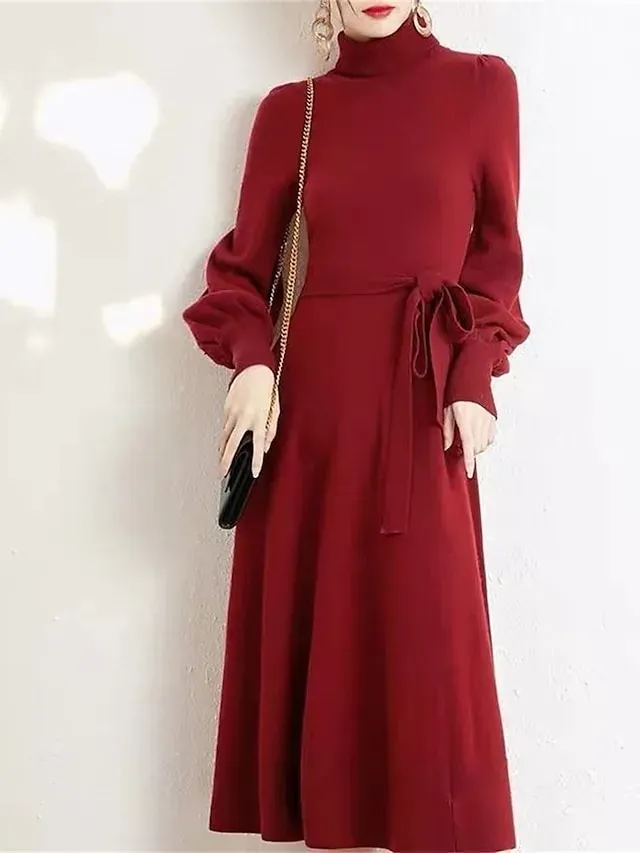 Women's Red Christmas Dress Sweater Dress Jumper Dress Midi Dress Warm Fashion Casual Plain Outdoor Christmas Daily Vacation Turtleneck Long Sleeve Lace up 2023 Regular Fit Black Wine Blue One Size