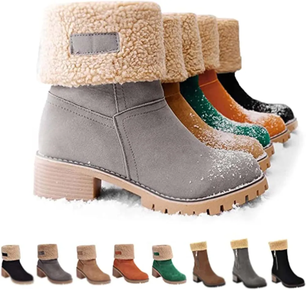 Women Snow Boots Winter Faux Fur Warm, Outdoor Hiking Booties Casual Fashion Soft Waterproof Windproof insulated Mid Calf Boots, Comfortable Thick Plush Keep Warm Shoes (Black 1,7)