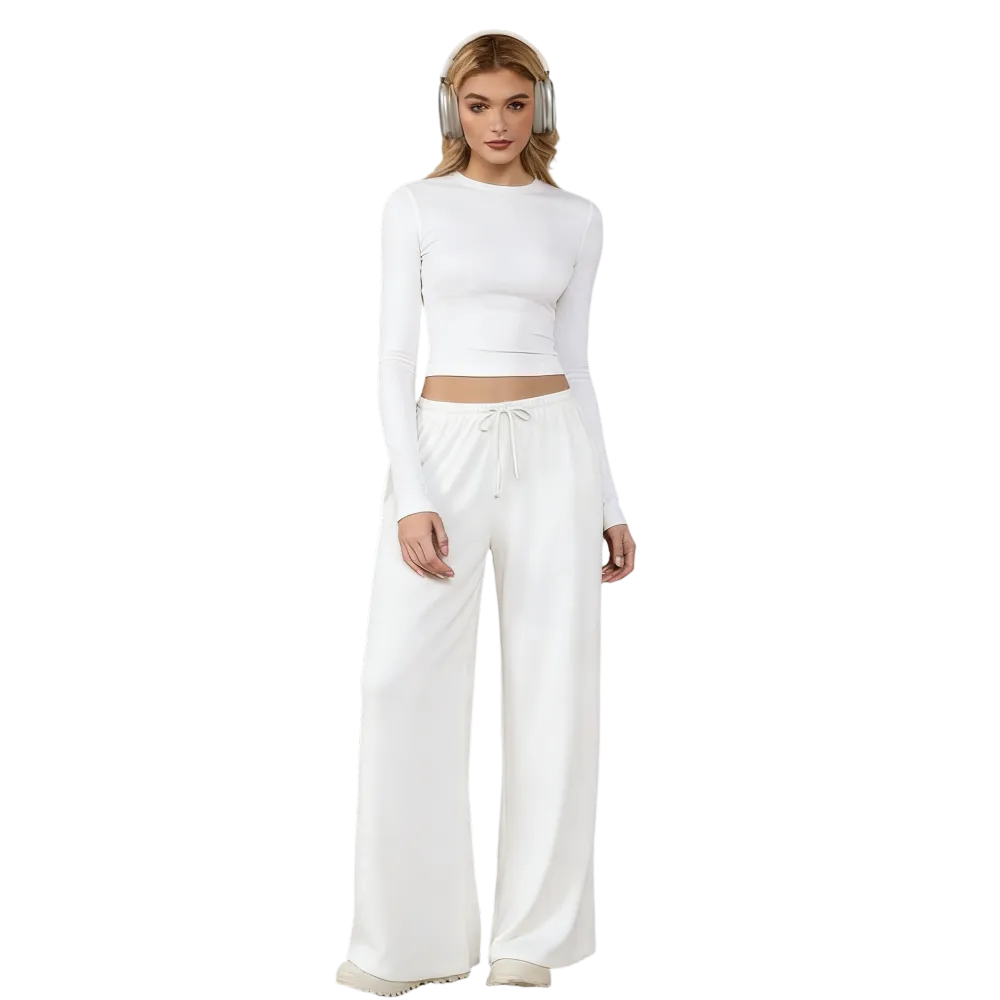 Women's two-piece tracksuit set, long-sleeved crop top and wide-leg pants