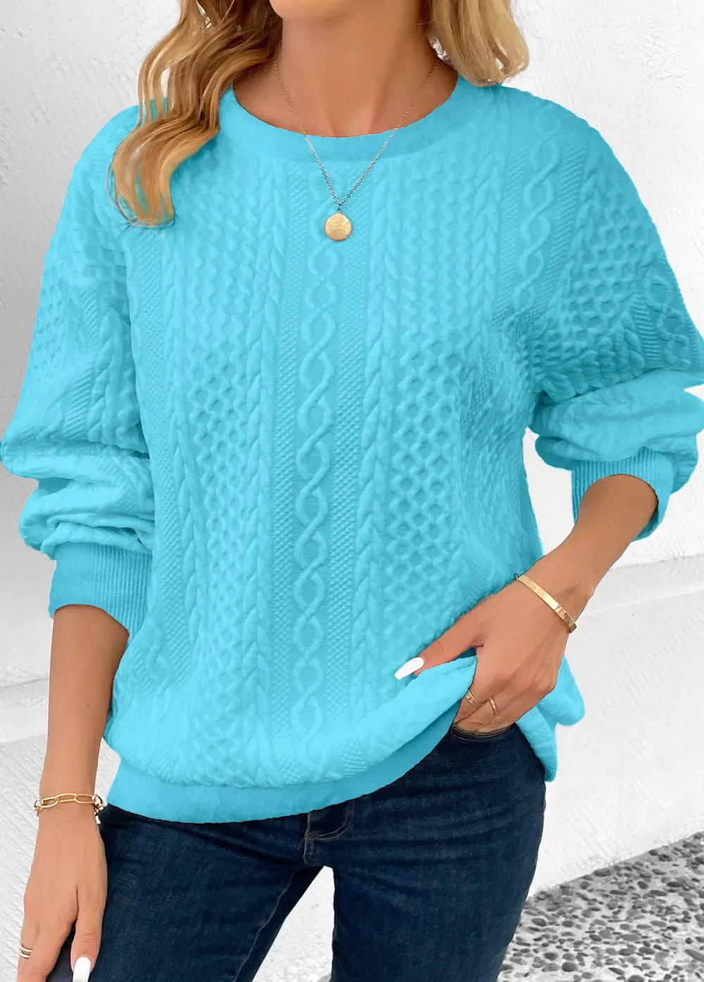 Light Blue Patchwork Long Sleeve Round Neck Sweatshirt