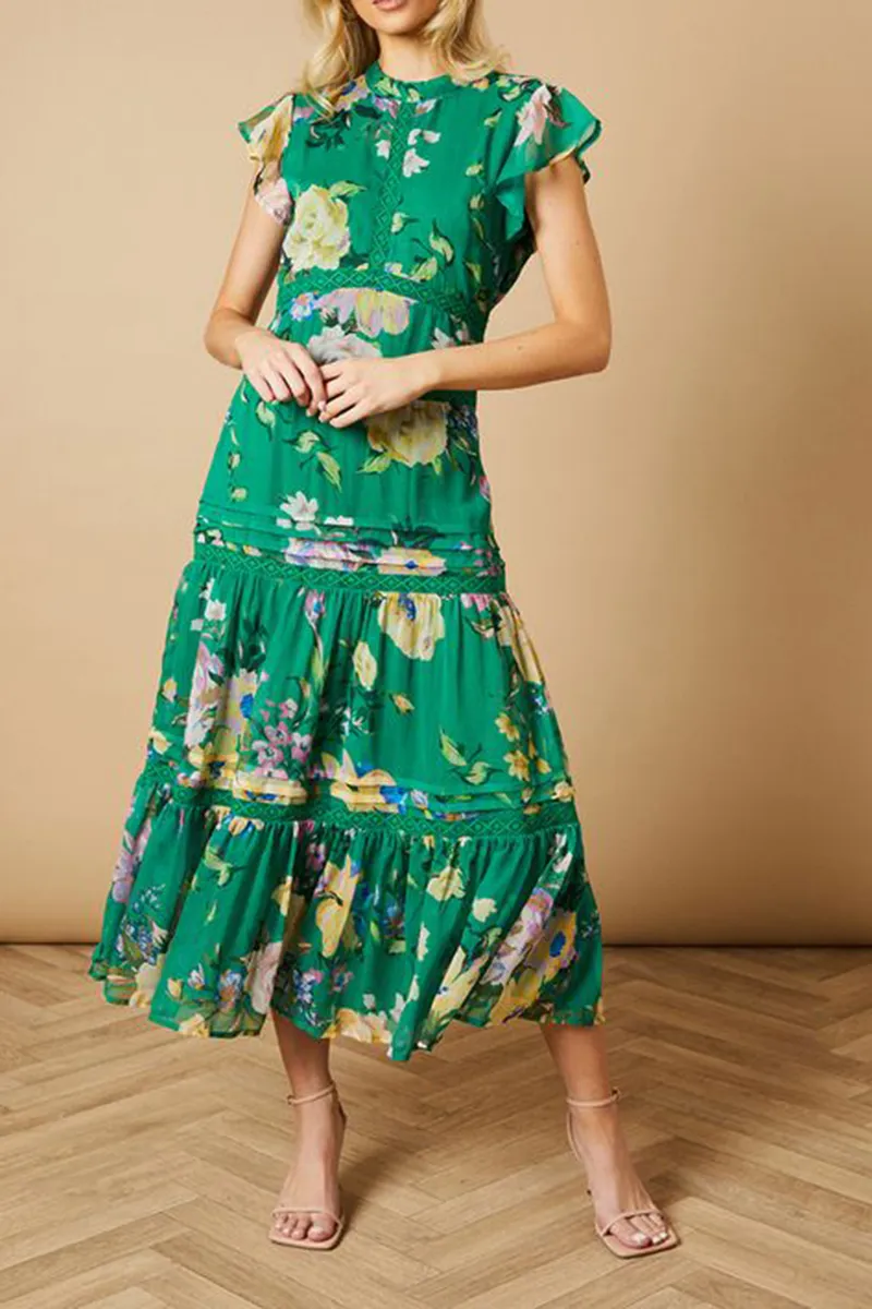 Casual Style Green Floral Printed Insert Dress