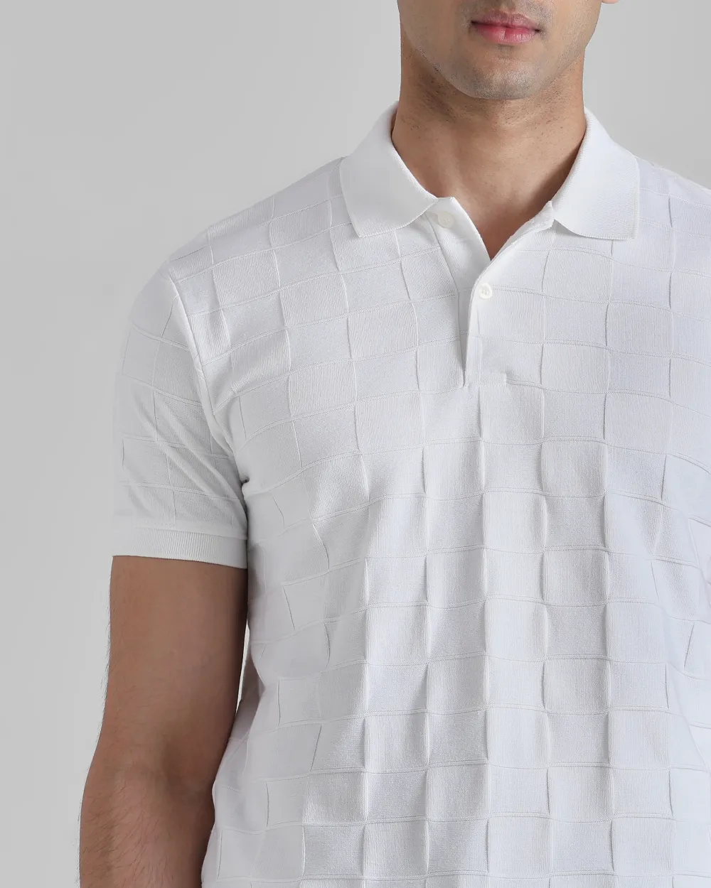 Casual Minimalist White Plaid Texture Polo Shirt