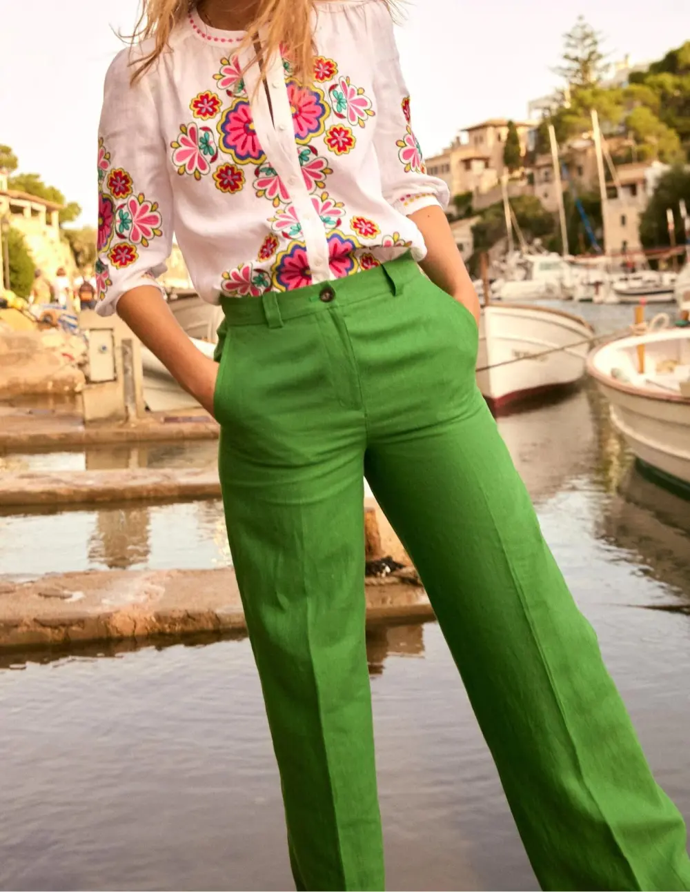 Emerald Green Wide - Leg Linen Jeans