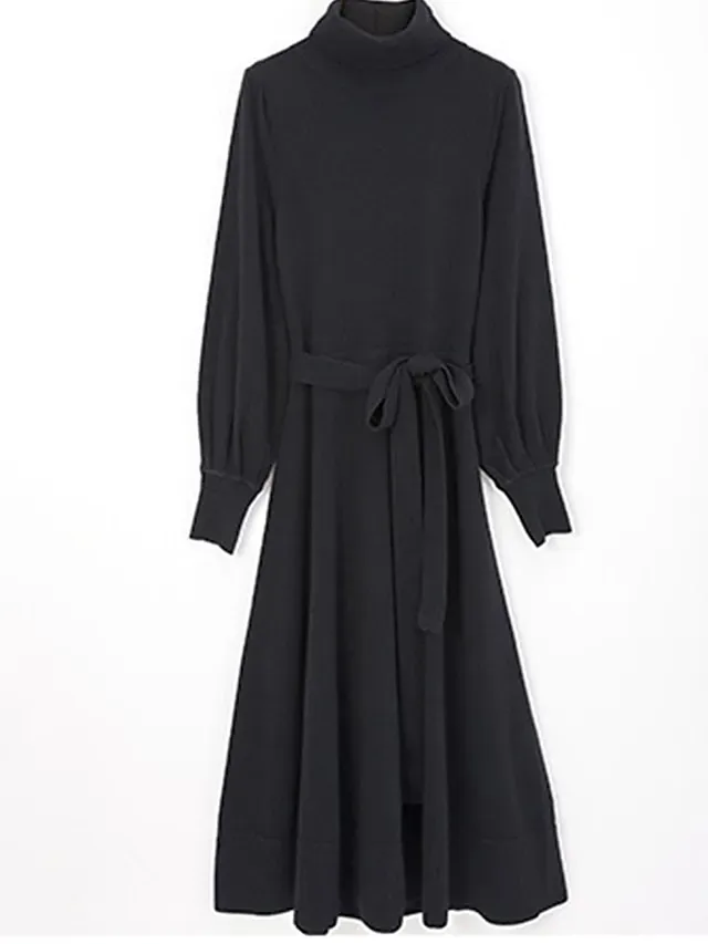 Women's Red Christmas Dress Sweater Dress Jumper Dress Midi Dress Warm Fashion Casual Plain Outdoor Christmas Daily Vacation Turtleneck Long Sleeve Lace up 2023 Regular Fit Black Wine Blue One Size