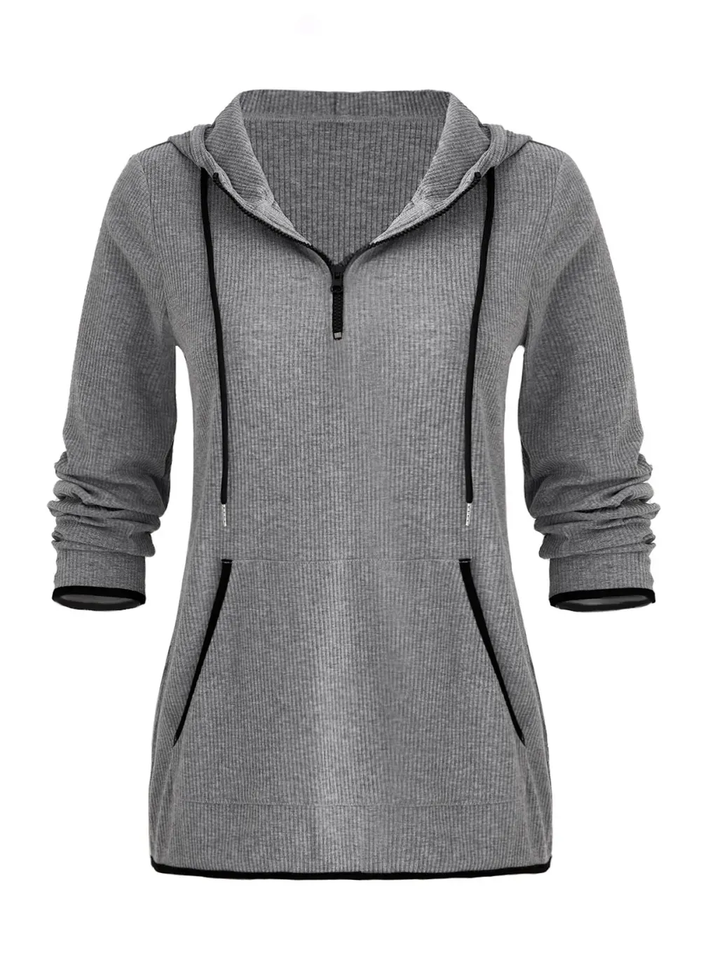 Grey Pocket Zipper Long Sleeve Hoodie