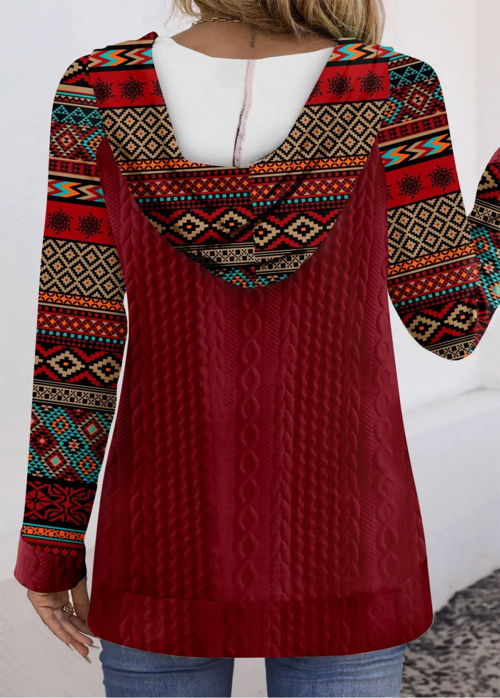 Wine Red Patchwork Tribal Print Long Sleeve Hoodie