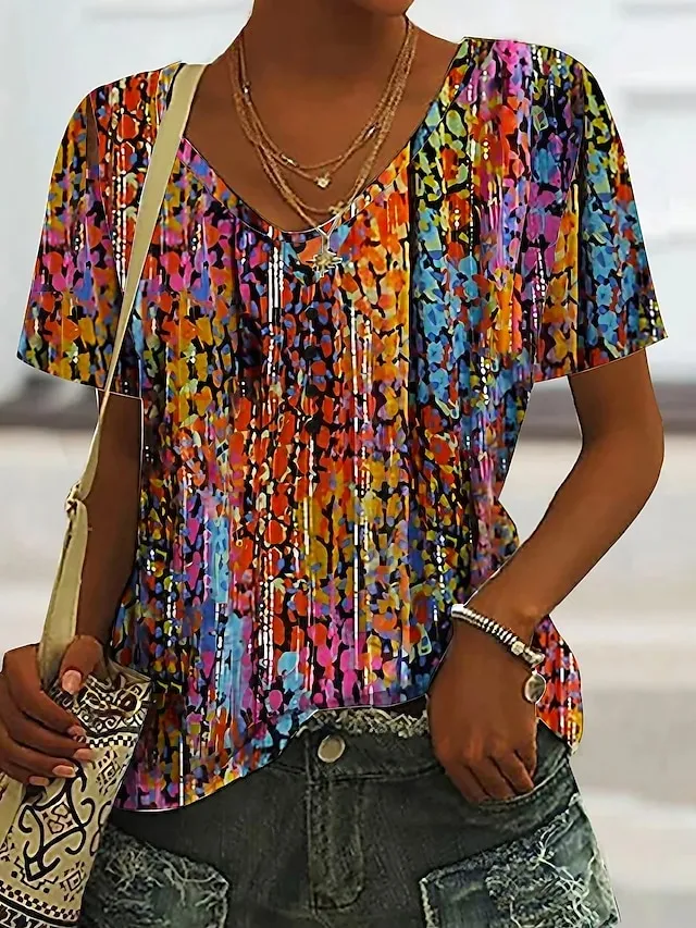 Women's T shirt Tee Pink Red Blue Graphic Asymmetrical Print Short Sleeve Daily Weekend Basic V Neck Regular Fit Abstract Painting