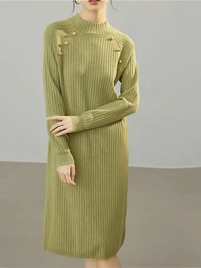 Women's Sweater Dress Jumper Dress Winter Dress Midi Dress Warm Fashion Casual Pure Color Outdoor Daily Vacation Going out Crew Neck Long Sleeve Button 2023 Loose Fit Black White Green One Size