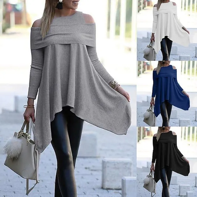 Women's Sweater Dress Mini Dress Black White Blue Long Sleeve Pure Color Cold Shoulder Summer Spring Boat Neck Modern Winter Dress Office Vacation 2023 S M L XL XXL 3XL