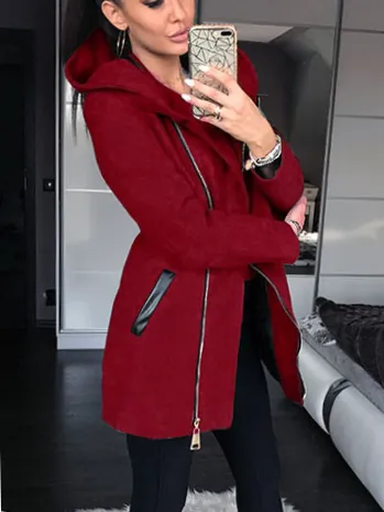 Side zipper decor high neck hooded jacket