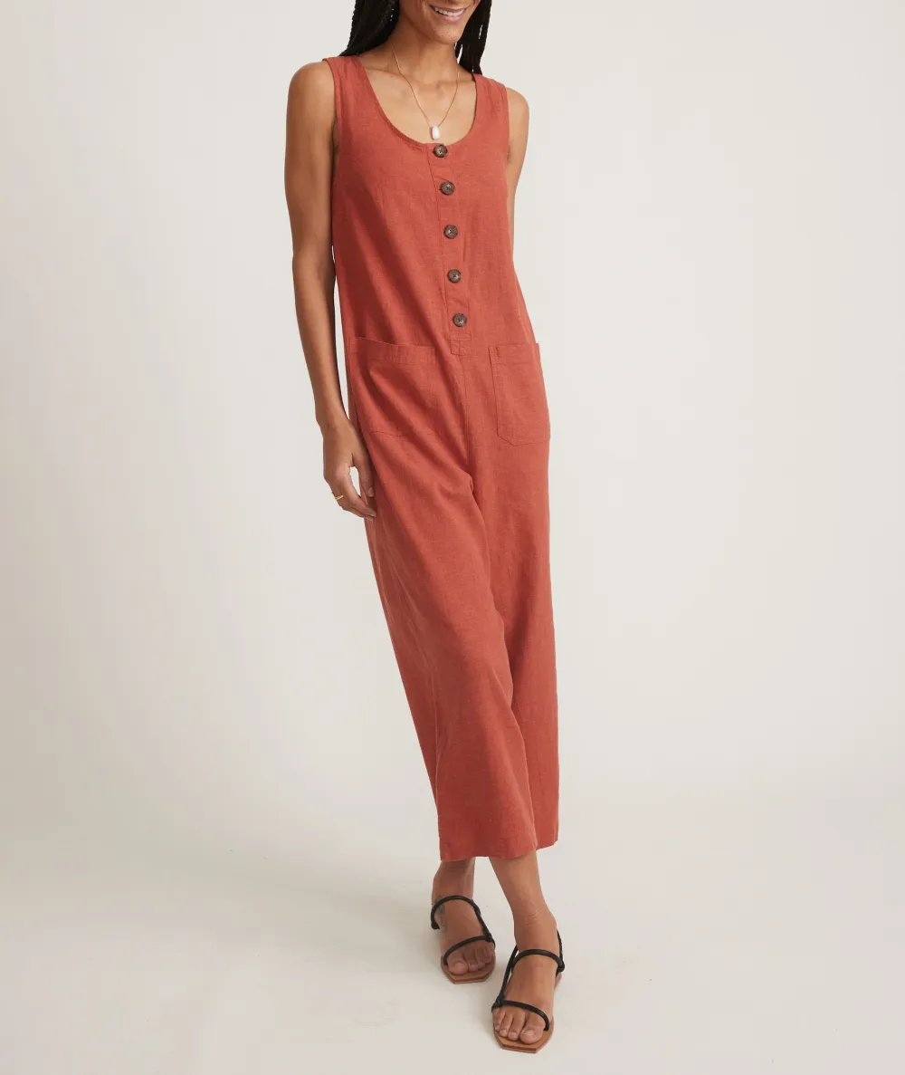 Button-Down Sleeveless Cotton Jumpsuit