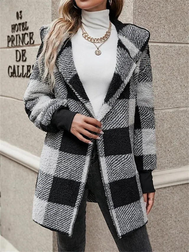 Women's Fleece Jacket Teddy Coat Hoodie Jacket Warm Breathable Street Daily Wear Vacation Going out Pocket Fleece Lined Open Front Hoodie Casual Street Style Stripes and Plaid Regular Fit Outerwear