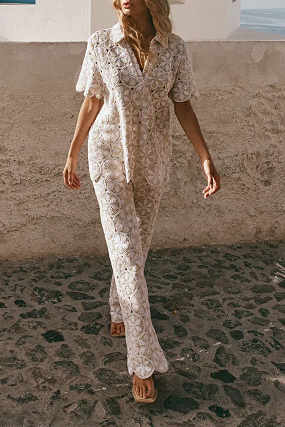 Floral Embroidery Wide Leg Trousers