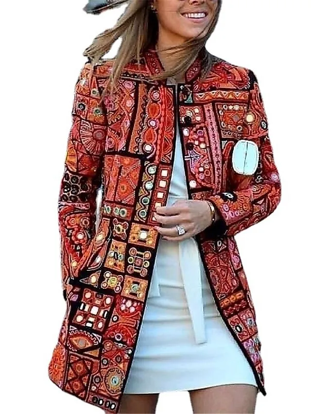Women's Casual Jacket Outdoor clothing Pocket Floral Comfortable Patterned Loose Fit Outerwear Long Sleeve Fall Red Casual Fashion Street