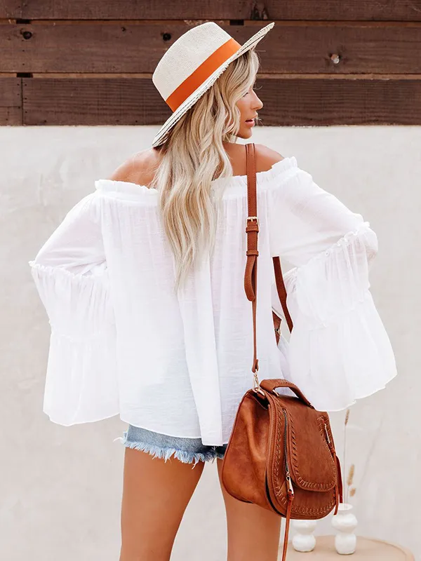 Urban Solid Color Pleated Puff Sleeves Off-The-Shoulder Blouse