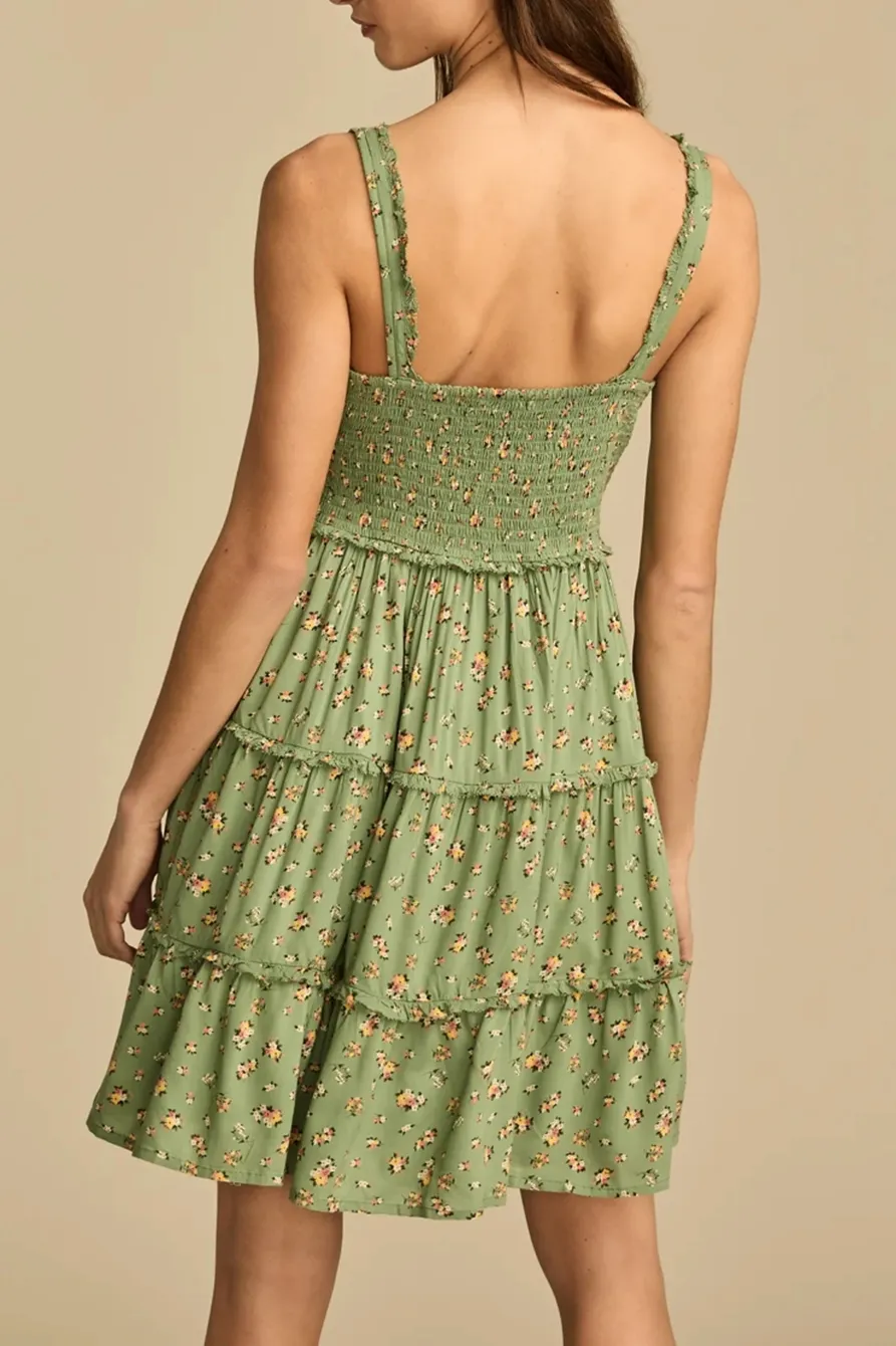 Green Floral Tiered Ruffle Corset Midi Dress