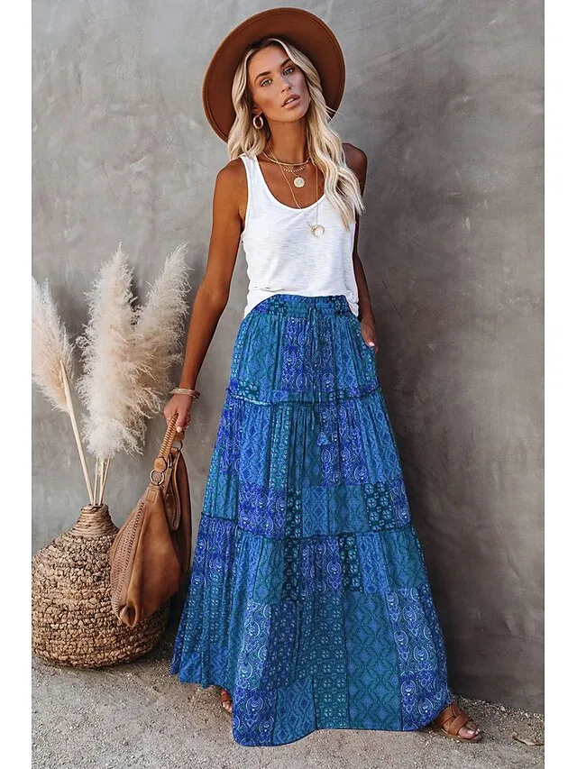 Women's Skirt Swing Long Skirt Maxi Red Blue Purple Orange Skirts Spring & Fall Ruffle Print Fashion coastal grandma style Boho Holiday Casual Daily S M L