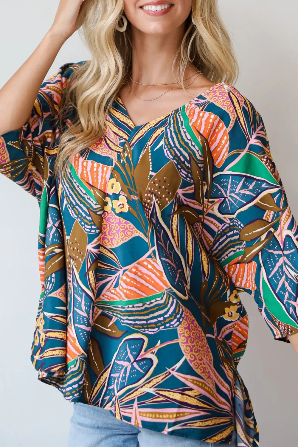Incredible Allure Teal Leaf Print Oversized Blouse