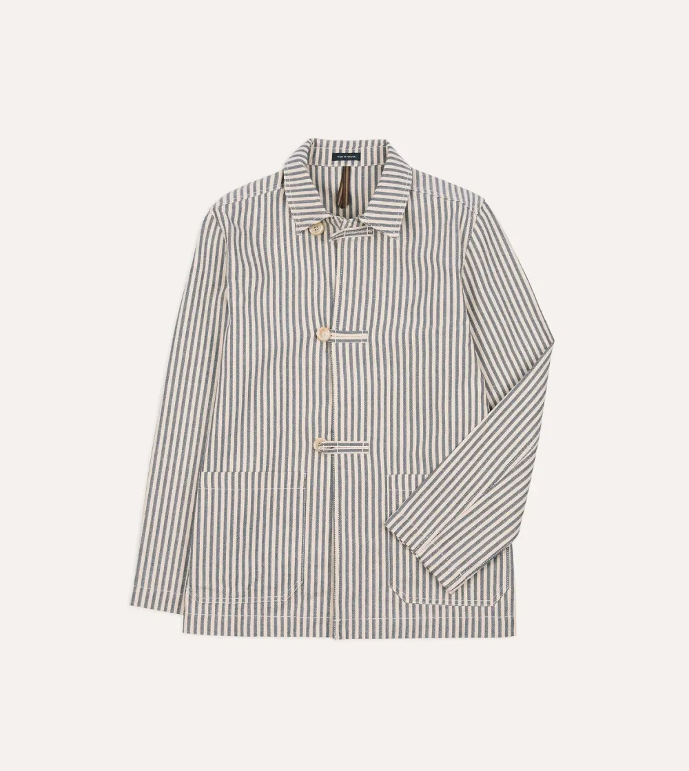 Blue And Ecru Stripe Cotton-Linen Deck Chore Jacket Casual Style