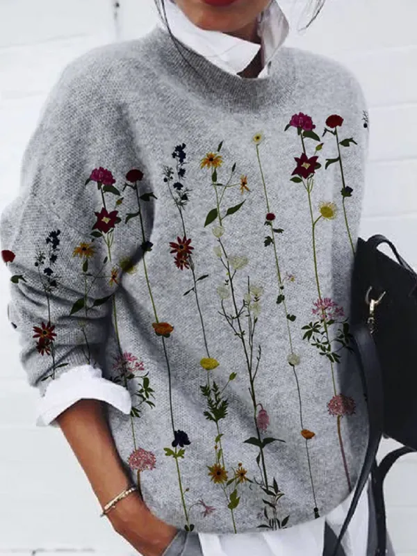 Fashion Brushed Flower Print Loose Long-Sleeved Top