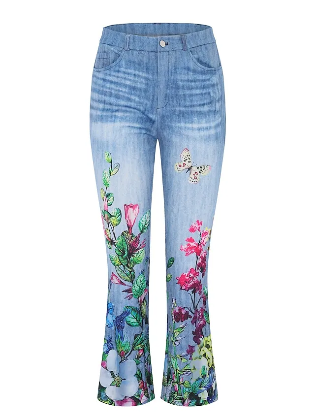 Women's Jeans Bootcut Flared Pants Full Length Faux Denim Print High Elasticity High Waist Fashion Streetwear Casual Daily 1 2 S M Fall & Winter