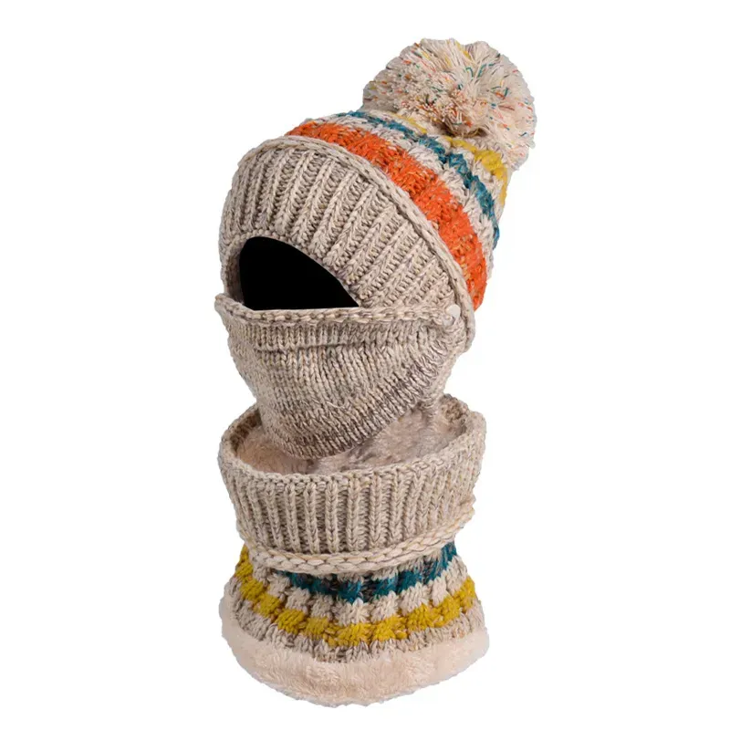 Three-Piece Fleece And Color-Block Knitted Hat, Scarf And Mask
