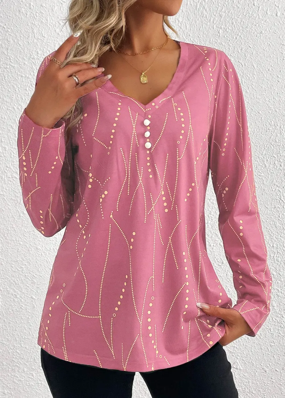 Pink Button Geometric Print Long Sleeve T Shirt