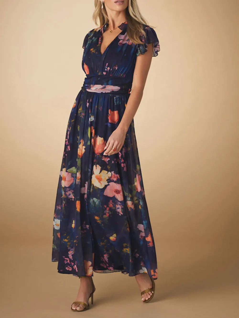 Elegant Floral Printed High-Waisted Slimming Dress