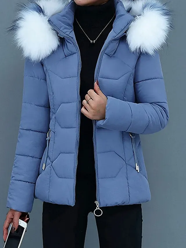 Women's Parka Cropped Puffer Jacket Winter Coat Zip up Hooded Coat with Removable Fur Collar Thermal Warm Heated Coat Fall Outerwear with Pockets Warm Classic Long Sleeve Blue