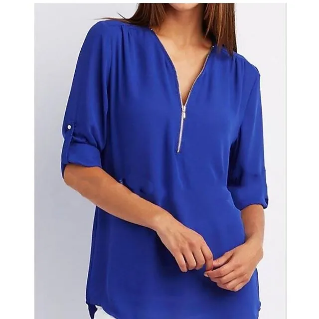 Women‘s Blouse Shirt Zipper Basic Plain Daily V Neck T-shirt Sleeve Regular Summer White Black Pink Grey Dark Blue
