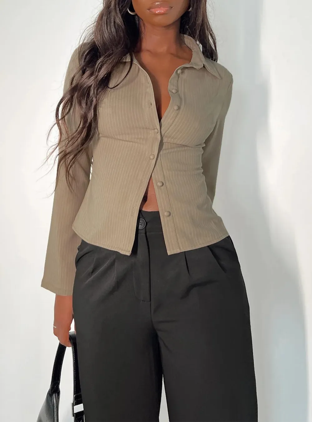 Black Pinstripe Cropped Button Up Shirt