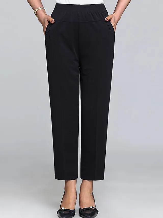 Women‘s Dress Work Pants Wine Almond Black High Waist Solid Color Buttons Fashion Streetwear Daily Wear Pocket Ankle-Length Comfort Plain M L XL 2XL 3XL