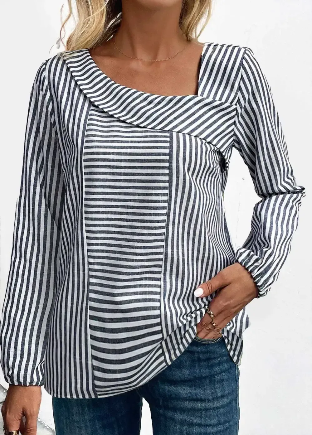 Navy Asymmetry Striped Long Sleeve Asymmetrical Neck Blouse