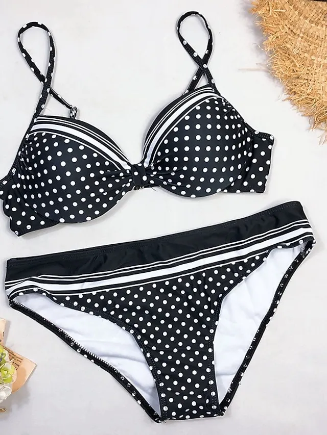 Women's Swimwear Bikini Normal Swimsuit 2 Piece Printing Polka Dot Black Bathing Suits Sports Push Up Summer