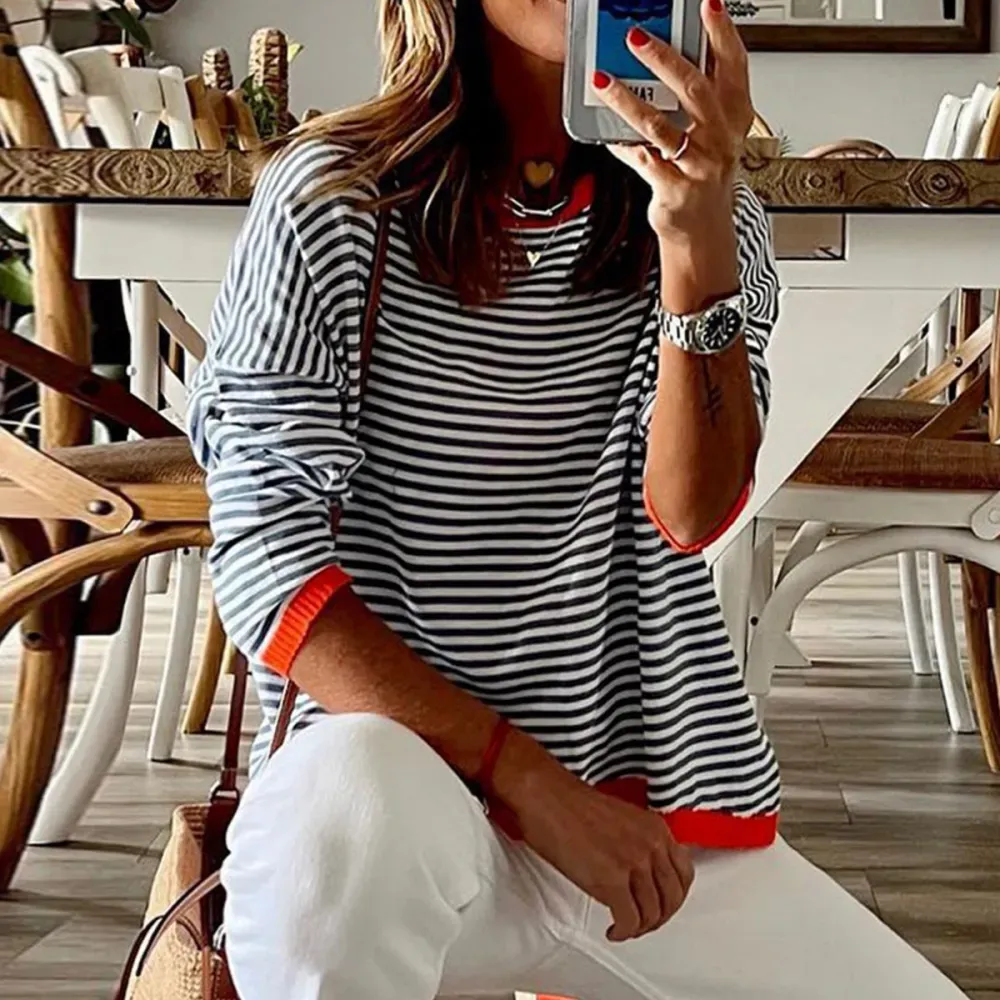 Casual Contrast Striped Off Shoulder Long Sleeved Sweater